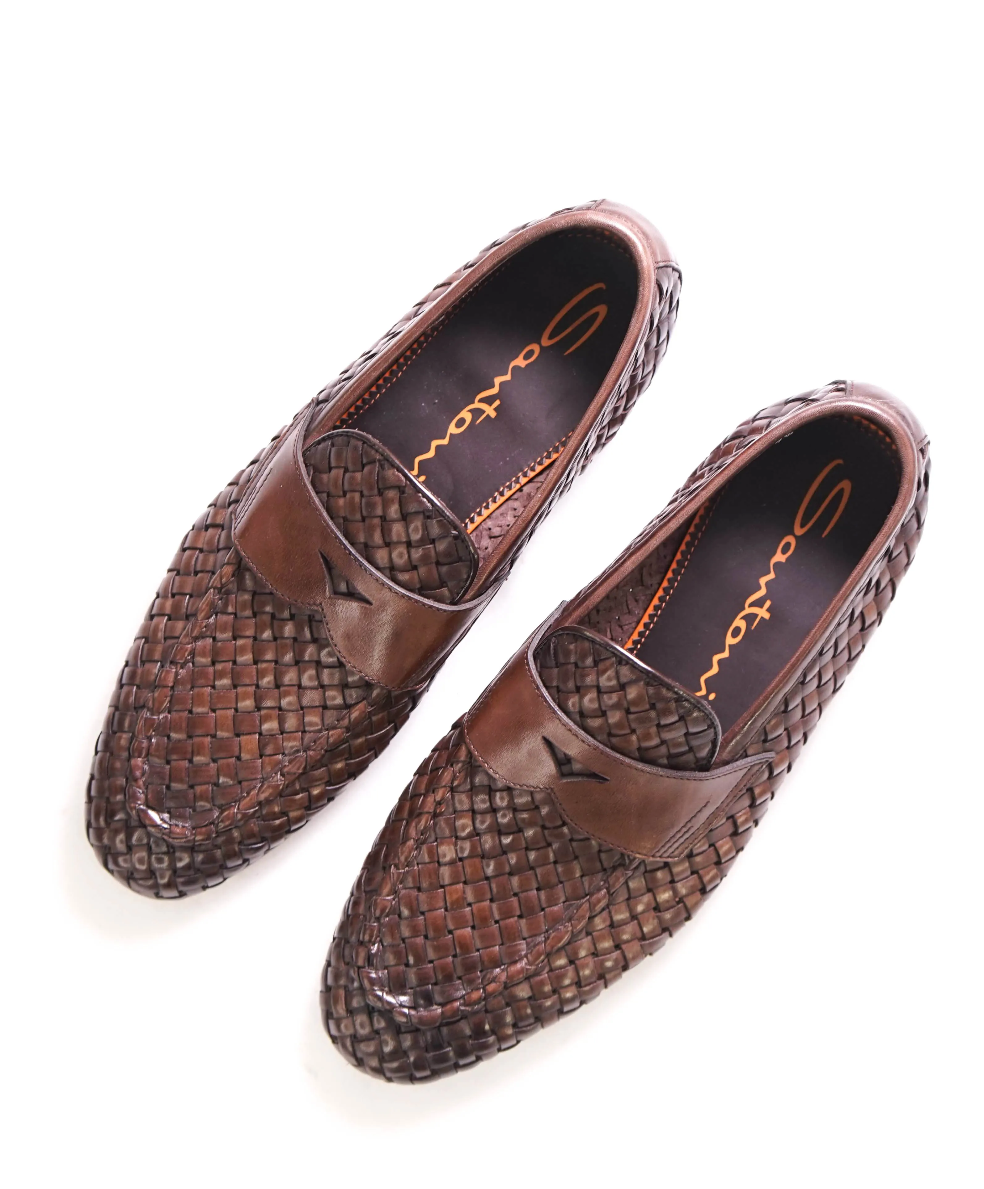 $1,080 SANTONI - Brown Hand Antiqued Woven Leather Penny Loafers- 8.5 US (7.5UK)