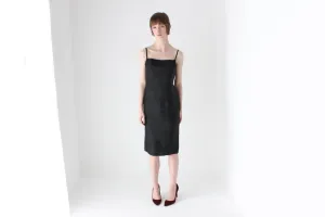 90s Pure Silk Minimal   Chic Straight Neck Black Sheath Dress