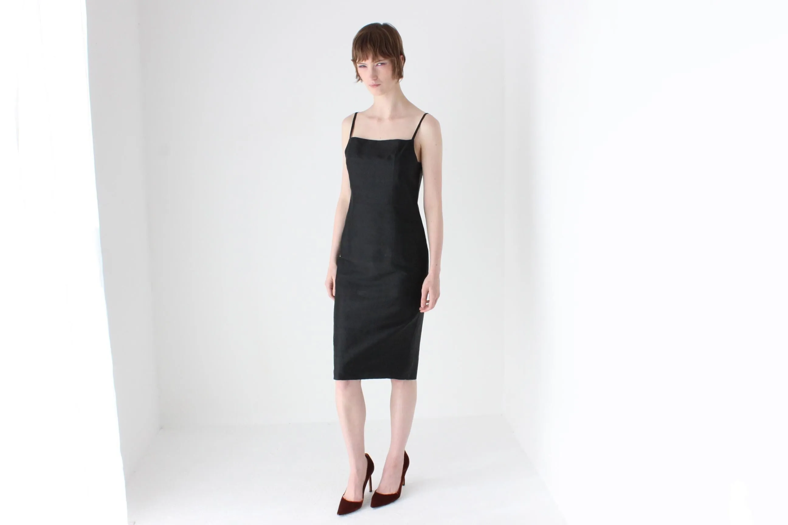 90s Pure Silk Minimal   Chic Straight Neck Black Sheath Dress