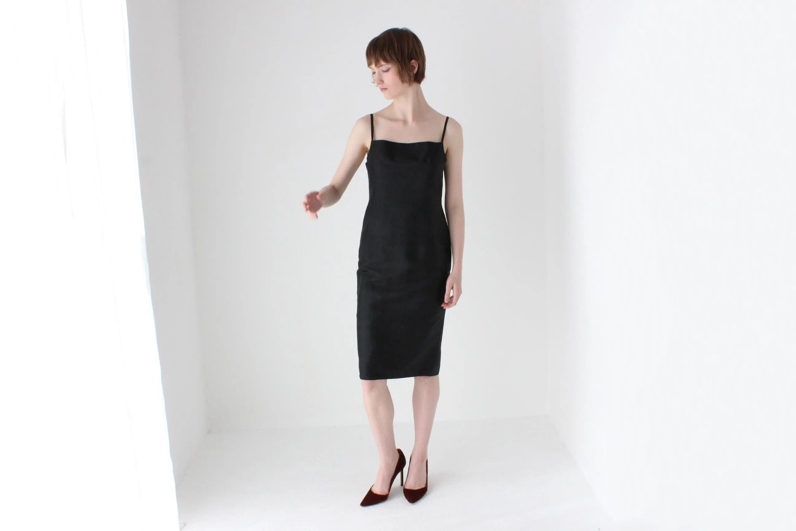 90s Pure Silk Minimal   Chic Straight Neck Black Sheath Dress