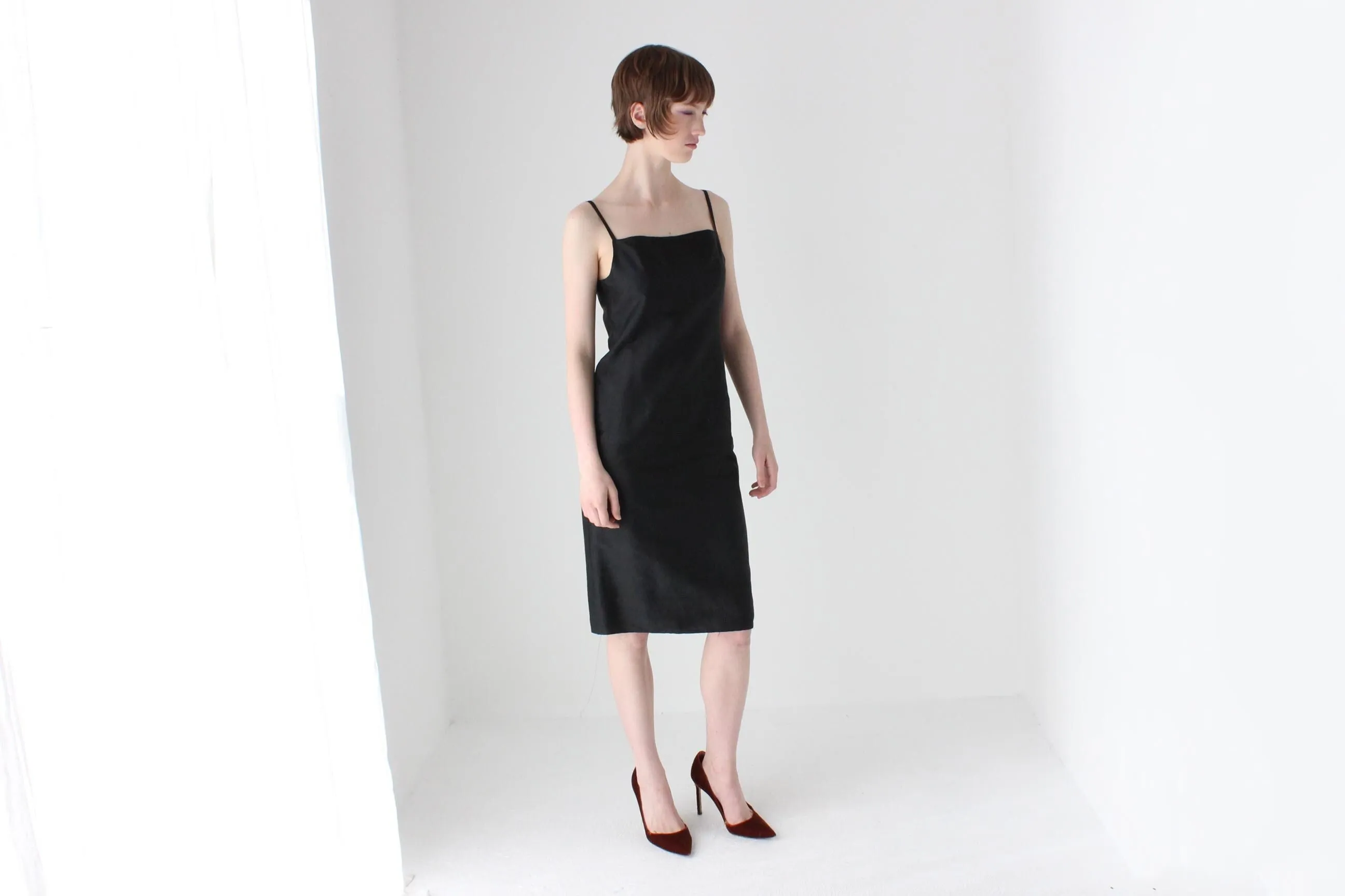 90s Pure Silk Minimal   Chic Straight Neck Black Sheath Dress