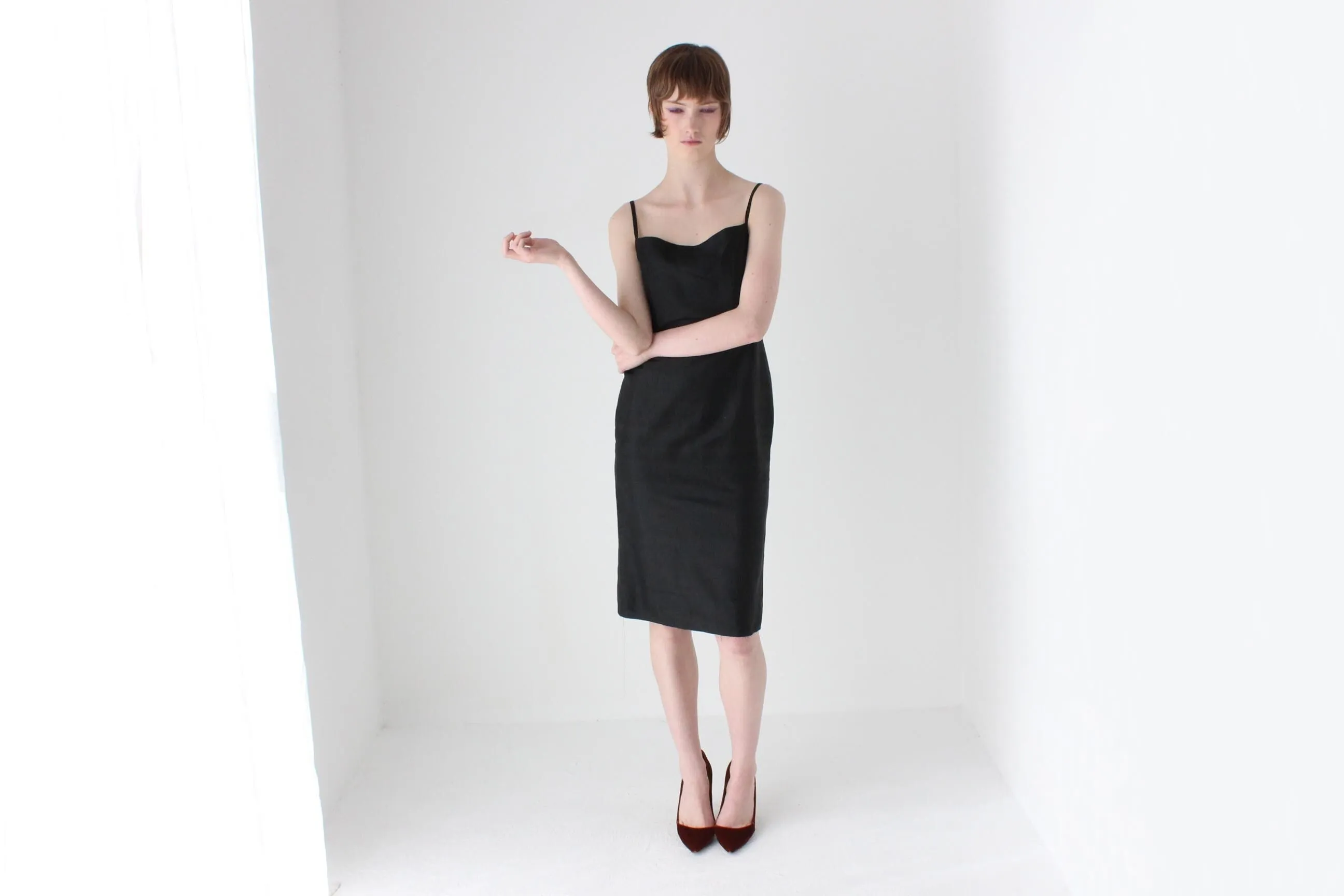 90s Pure Silk Minimal   Chic Straight Neck Black Sheath Dress