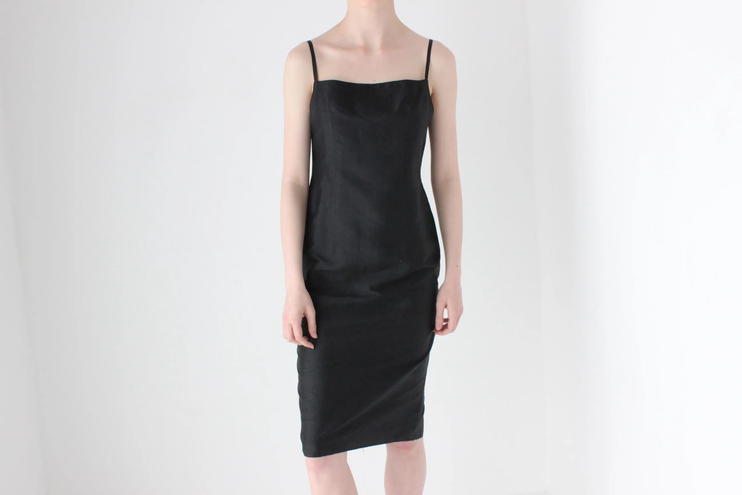 90s Pure Silk Minimal   Chic Straight Neck Black Sheath Dress