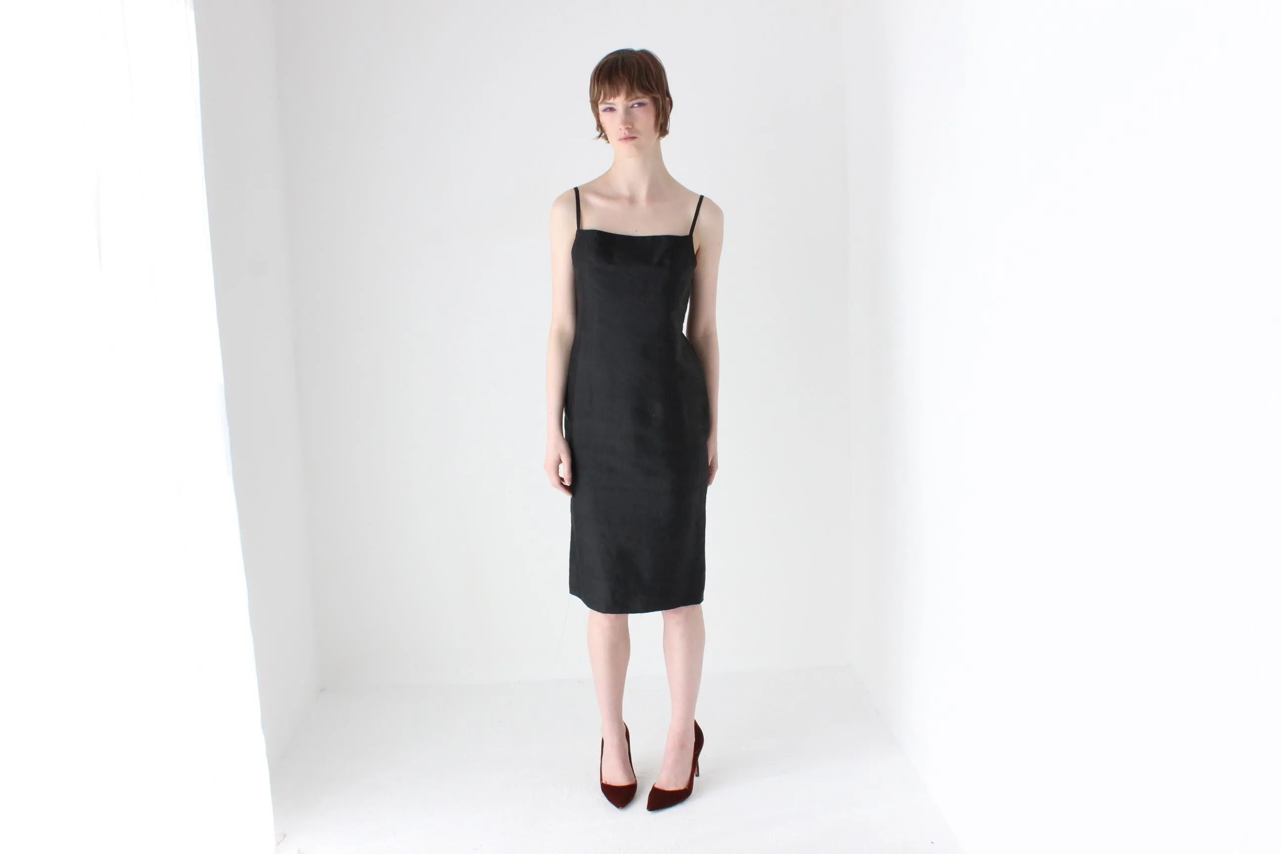 90s Pure Silk Minimal   Chic Straight Neck Black Sheath Dress