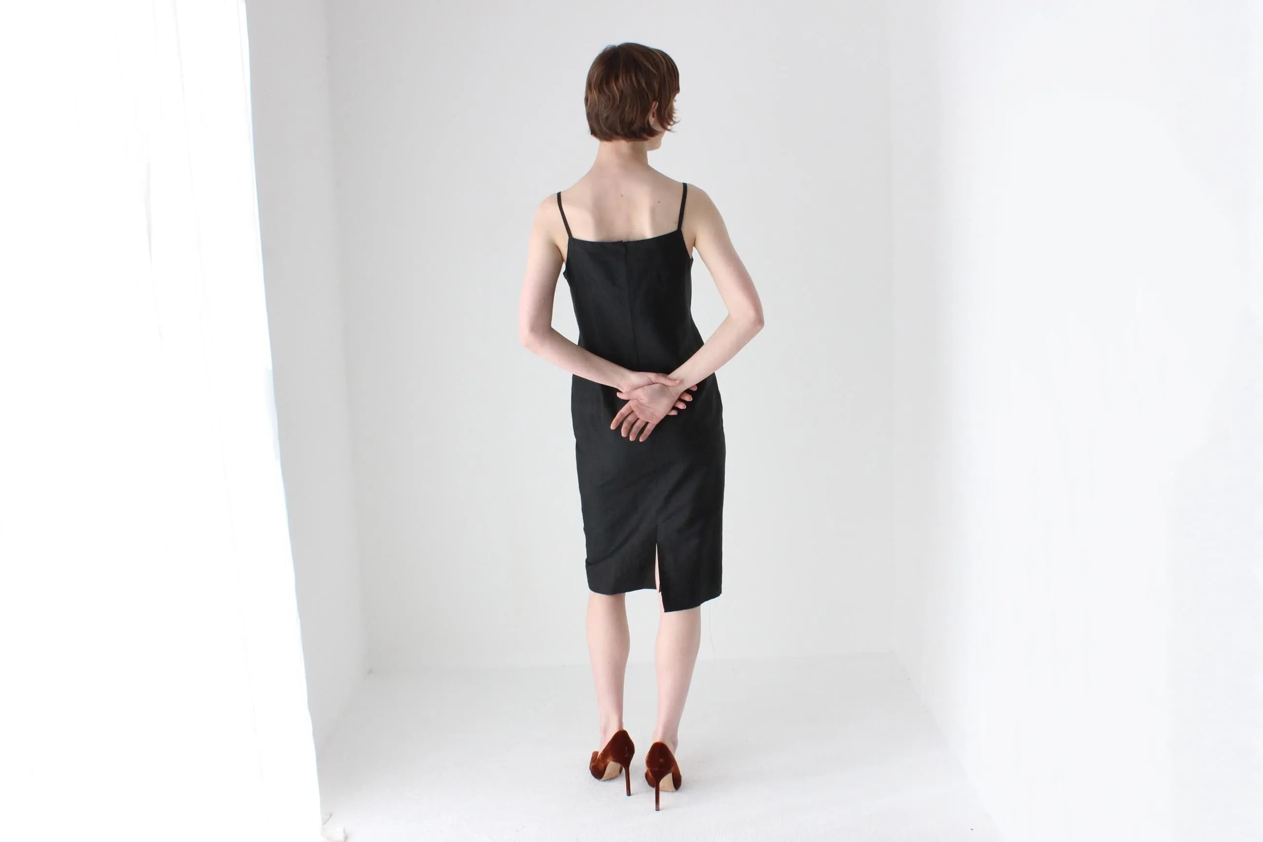 90s Pure Silk Minimal   Chic Straight Neck Black Sheath Dress