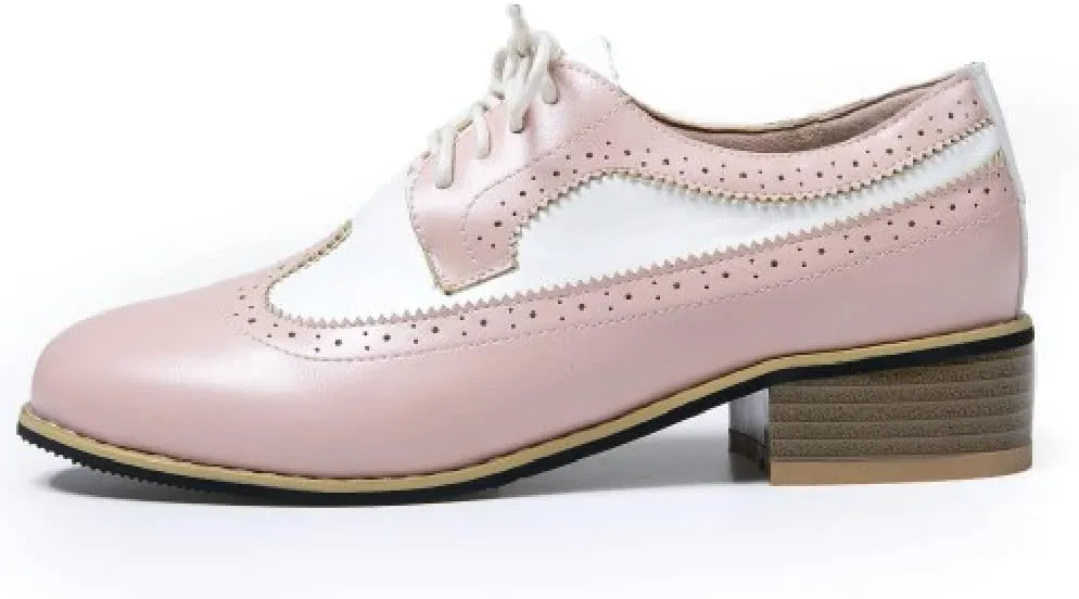 AIMODOR Womens Wingtip Oxford Stacked Heel Lace Up Round Toe Brogue Shoes