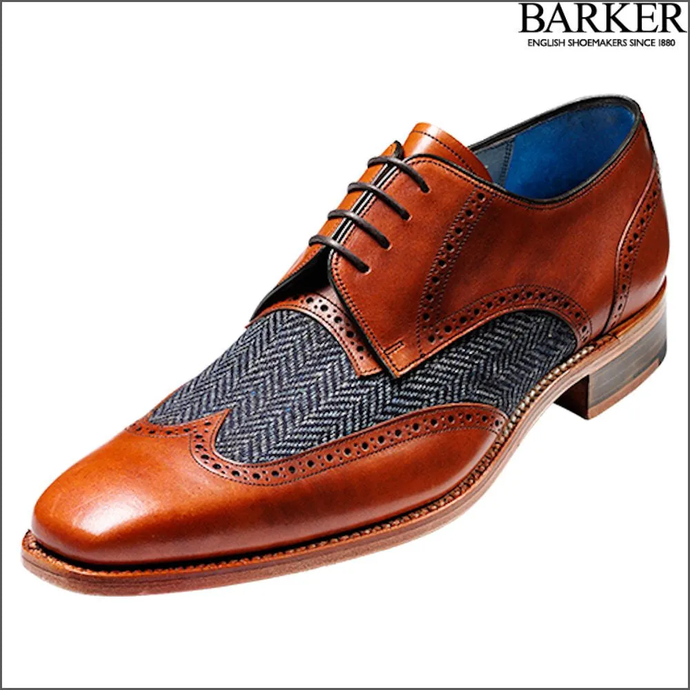 Barker Jackson Cedar Calf/Blue Tweed Wingtip Derby@