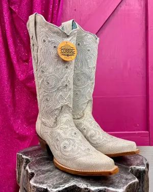 Corral Women's Bone White Crystal Overlay Snip Toe Cowgirl Boots Z5123