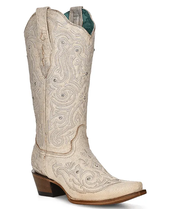 Corral Women's Bone White Crystal Overlay Snip Toe Cowgirl Boots Z5123