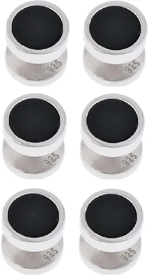 Cuff-Daddy Solid 925 Sterling Silver Black Onyx Shirt Stud Set - 6 Studs