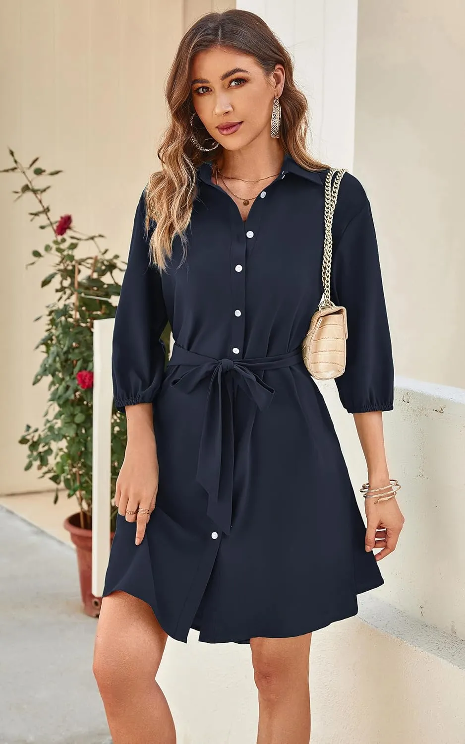 ECOWISH Womens Button Shirt Dress with Pockets Fall Spring Short Mini Dresses Long Sleeve 3/4 Sleeve Long Tunics Blouse Belt