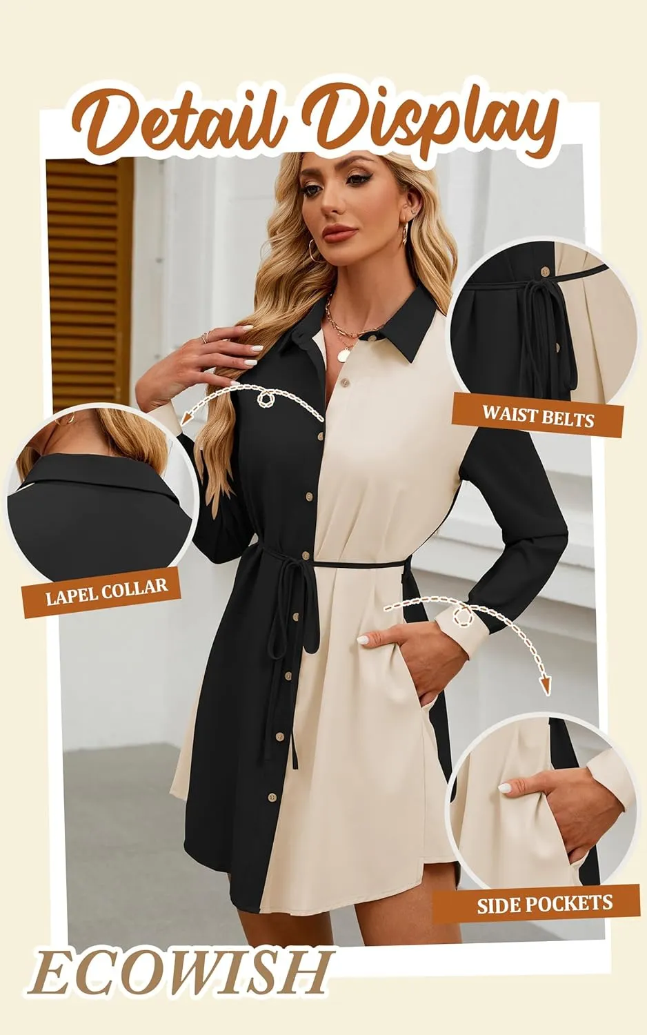 ECOWISH Womens Button Shirt Dress with Pockets Fall Spring Short Mini Dresses Long Sleeve 3/4 Sleeve Long Tunics Blouse Belt