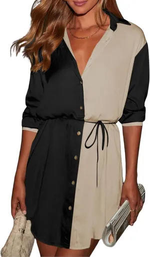 ECOWISH Womens Button Shirt Dress with Pockets Fall Spring Short Mini Dresses Long Sleeve 3/4 Sleeve Long Tunics Blouse Belt