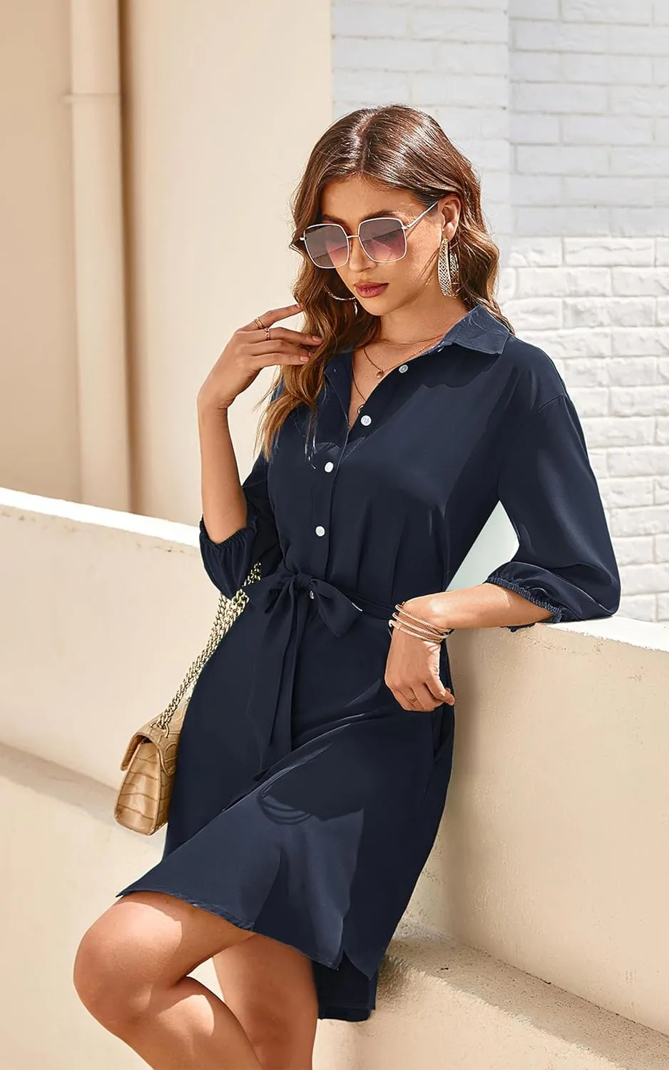 ECOWISH Womens Button Shirt Dress with Pockets Fall Spring Short Mini Dresses Long Sleeve 3/4 Sleeve Long Tunics Blouse Belt
