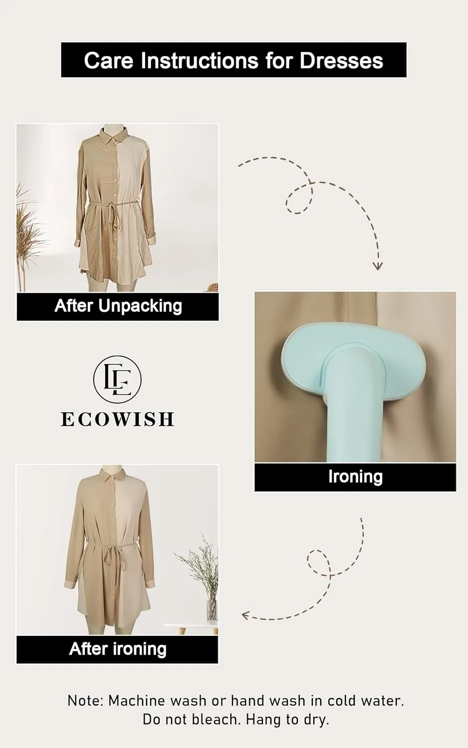 ECOWISH Womens Button Shirt Dress with Pockets Fall Spring Short Mini Dresses Long Sleeve 3/4 Sleeve Long Tunics Blouse Belt