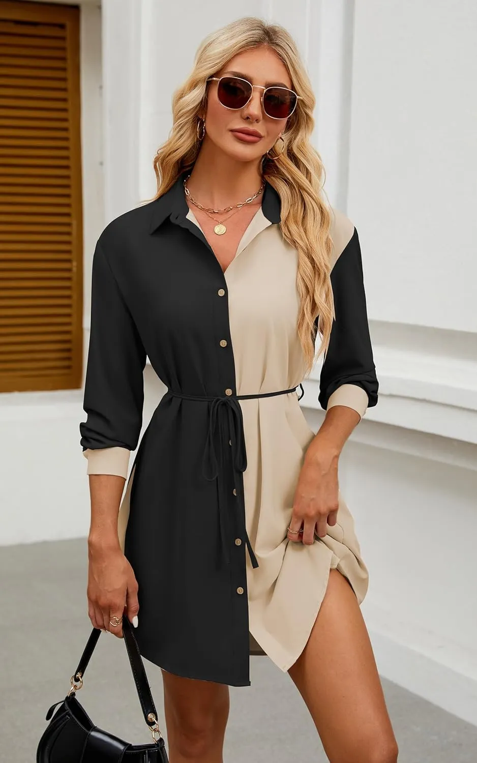 ECOWISH Womens Button Shirt Dress with Pockets Fall Spring Short Mini Dresses Long Sleeve 3/4 Sleeve Long Tunics Blouse Belt