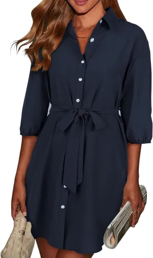 ECOWISH Womens Button Shirt Dress with Pockets Fall Spring Short Mini Dresses Long Sleeve 3/4 Sleeve Long Tunics Blouse Belt