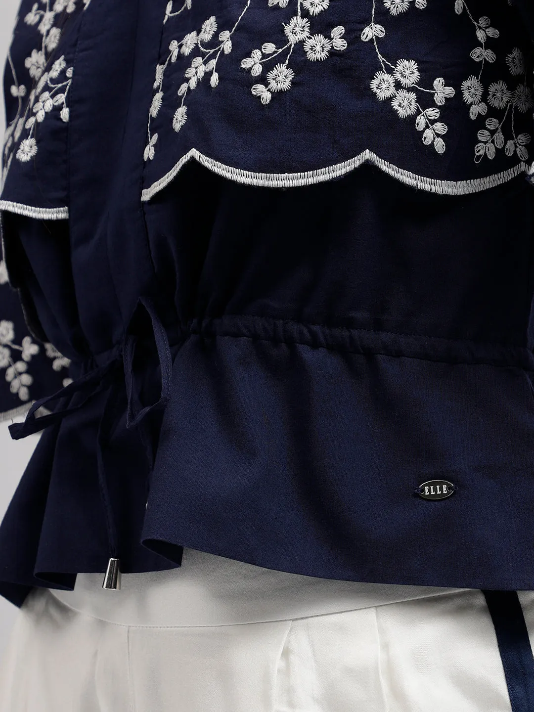 Elle Women Blue Embroidered V Neck Short Sleeves Top