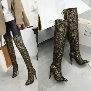 Fashion Leather Point Toe Zebra High Heel Over Knee Boots