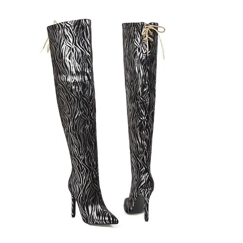 Fashion Leather Point Toe Zebra High Heel Over Knee Boots