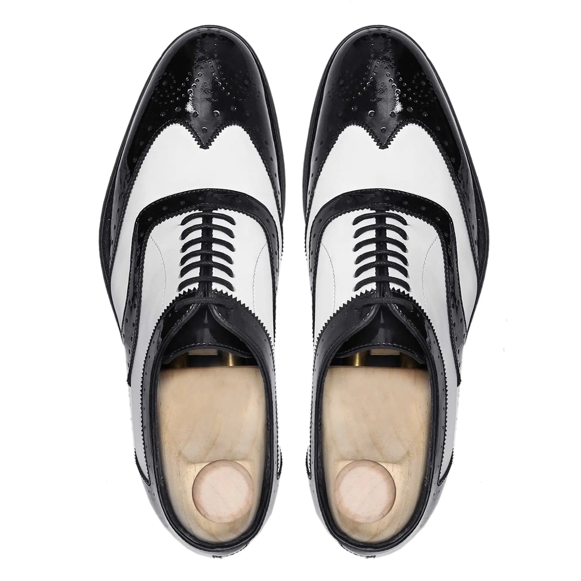 Handmade, Custom Men's Black Patent and White Box Leather High Shine Oxford Shoes