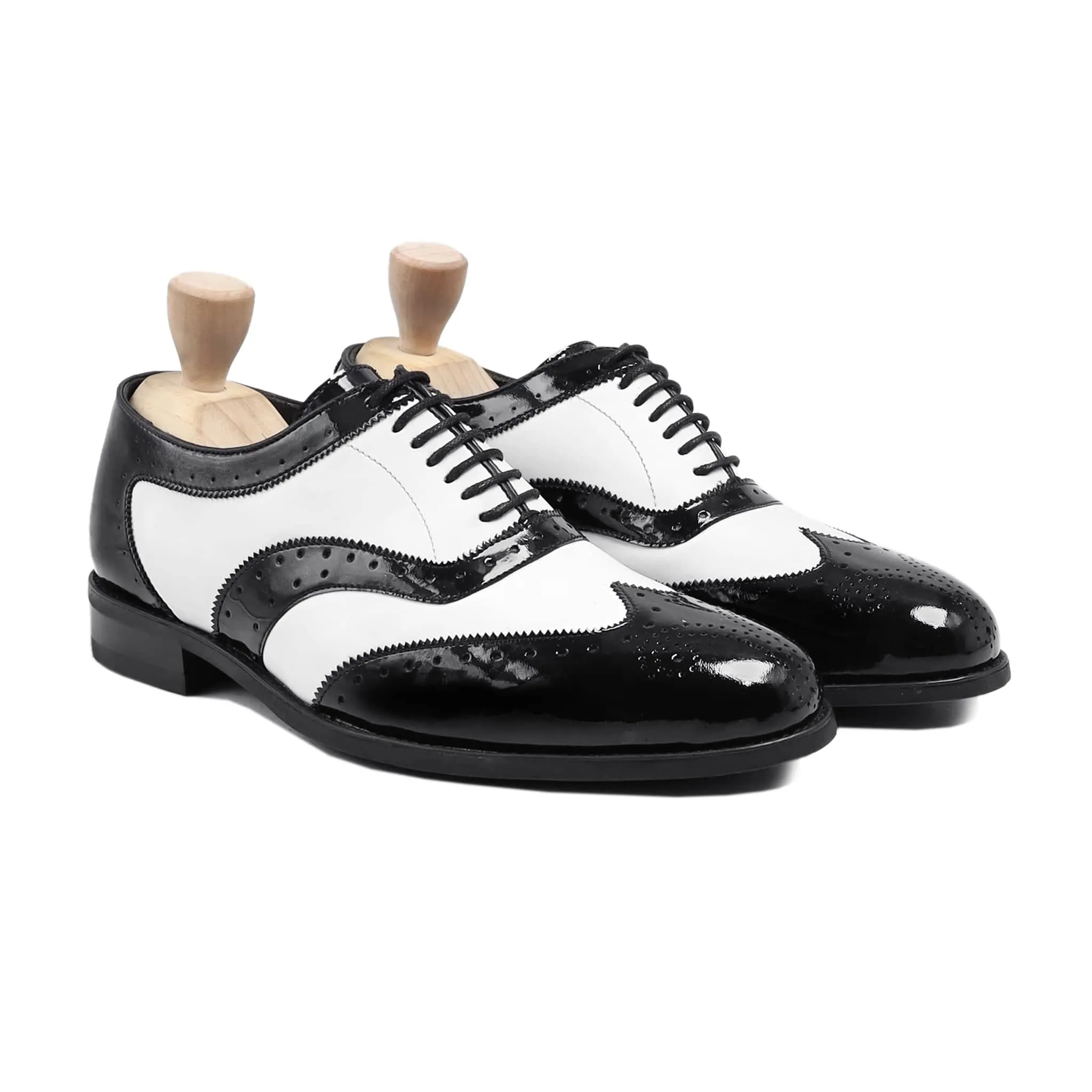 Handmade, Custom Men's Black Patent and White Box Leather High Shine Oxford Shoes