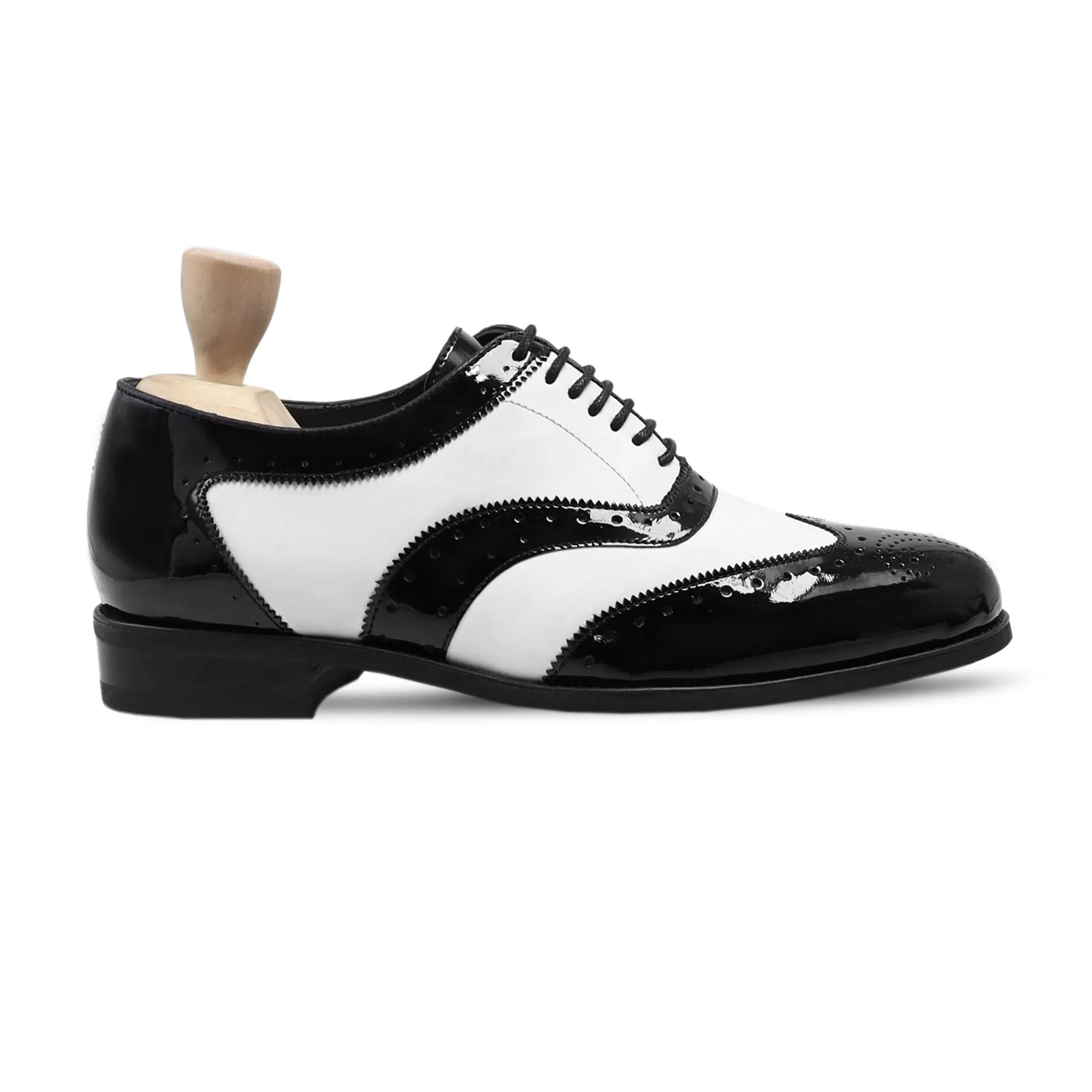 Handmade, Custom Men's Black Patent and White Box Leather High Shine Oxford Shoes