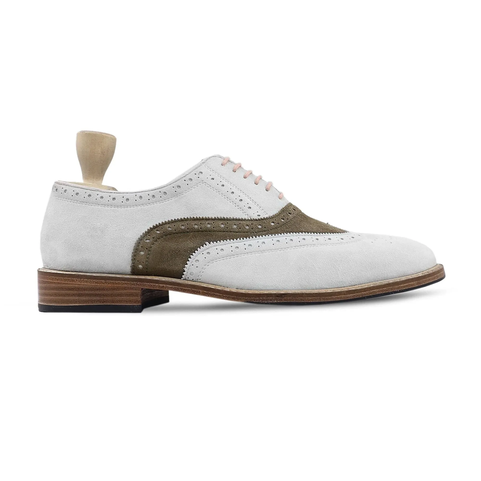 Handmade, Custom Men's White and Brown Kid Suede Oxford Shoes