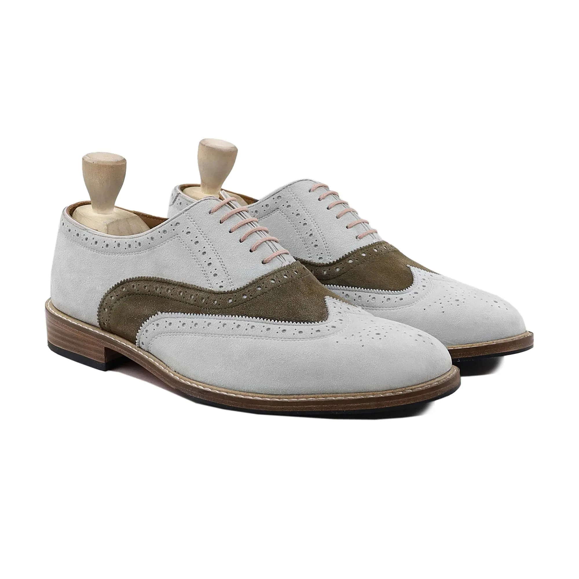 Handmade, Custom Men's White and Brown Kid Suede Oxford Shoes
