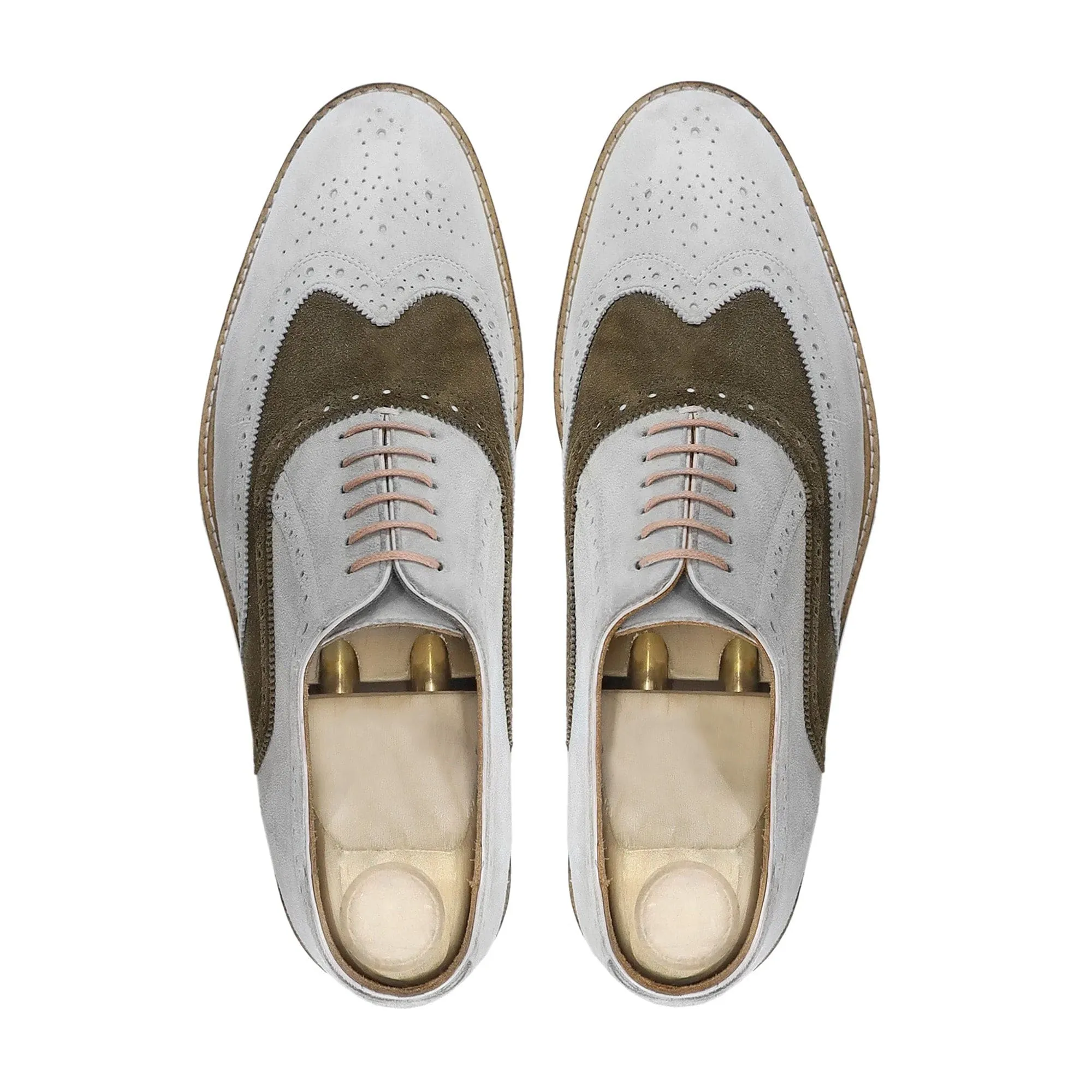 Handmade, Custom Men's White and Brown Kid Suede Oxford Shoes
