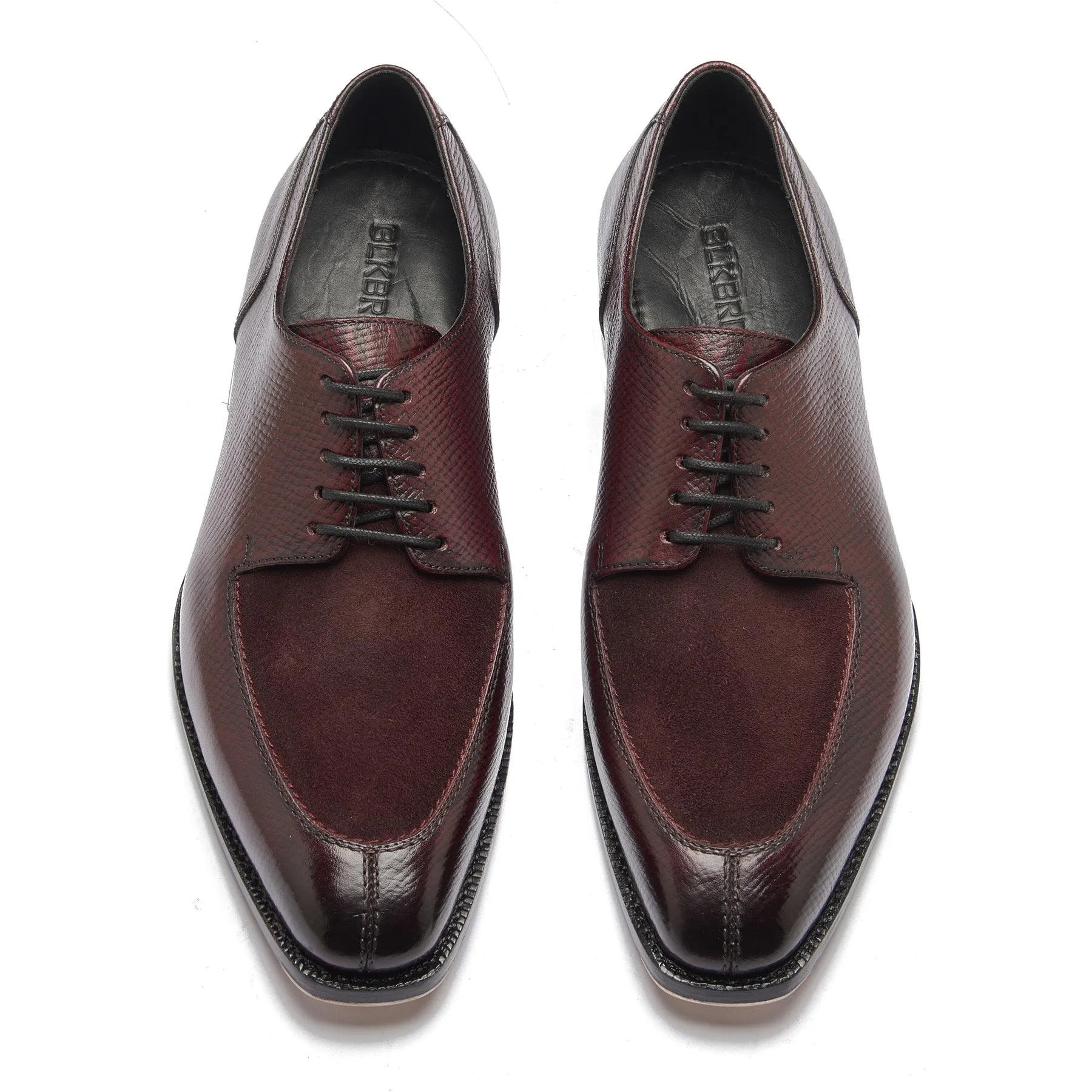 Ingrid-X, Split Toe Blucher Derby - Burgundy Hatch-grain & Suede | Hand Welted Contemporary Classics