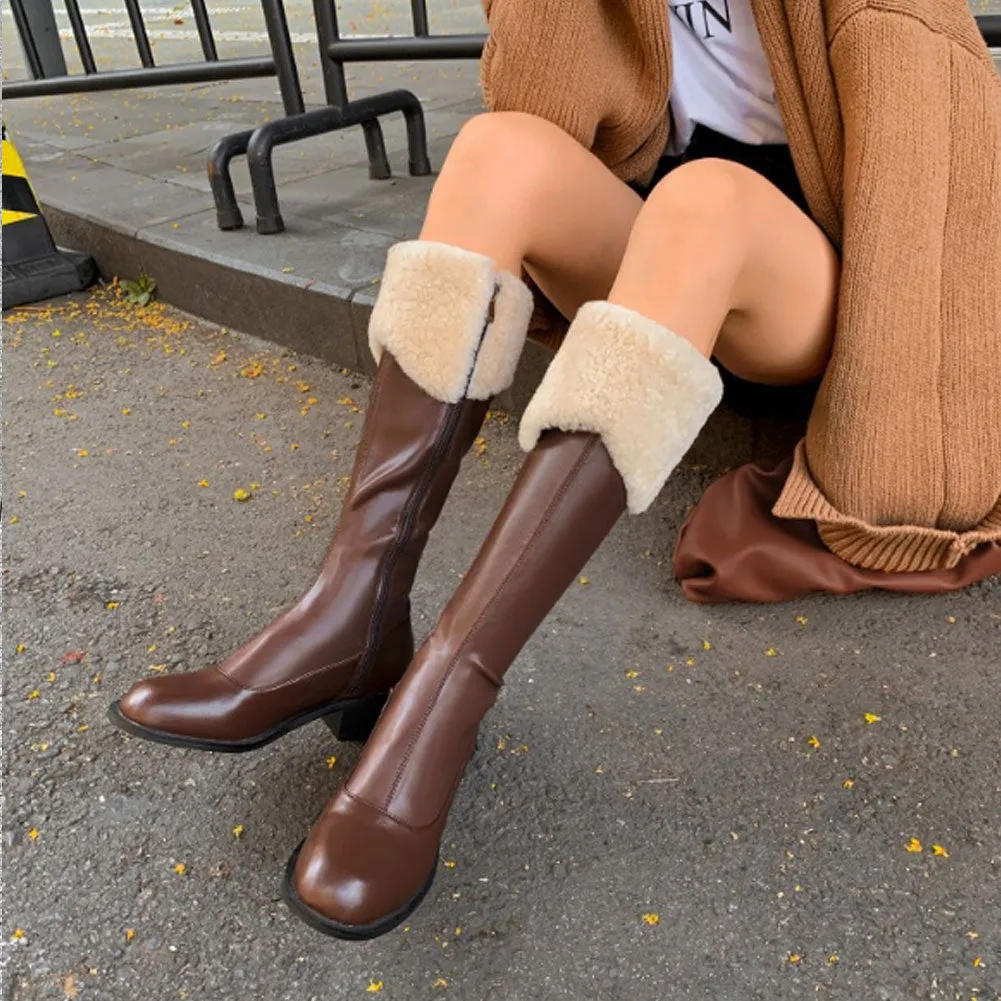 Ladies Round Toe Leather Long Mid Heel Boots Zip Up with Fur Edge