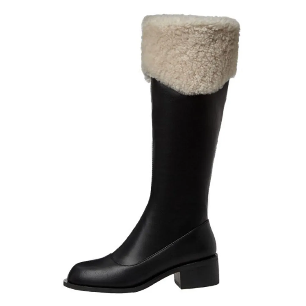 Ladies Round Toe Leather Long Mid Heel Boots Zip Up with Fur Edge
