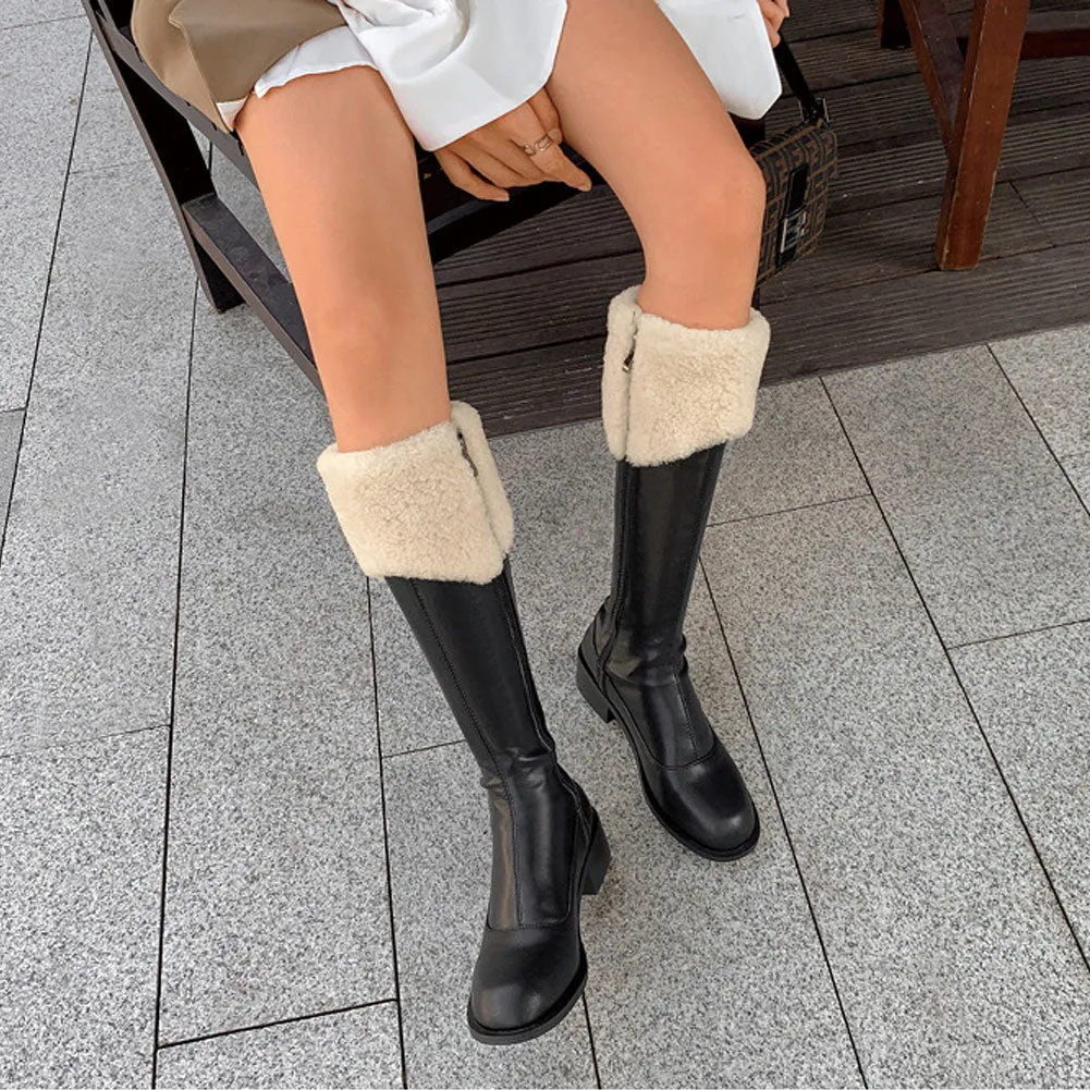 Ladies Round Toe Leather Long Mid Heel Boots Zip Up with Fur Edge