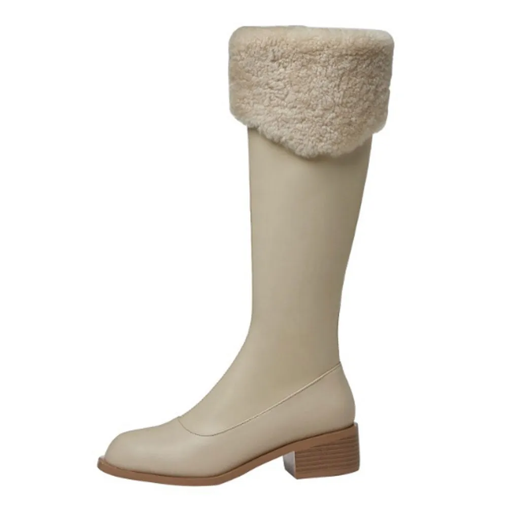 Ladies Round Toe Leather Long Mid Heel Boots Zip Up with Fur Edge