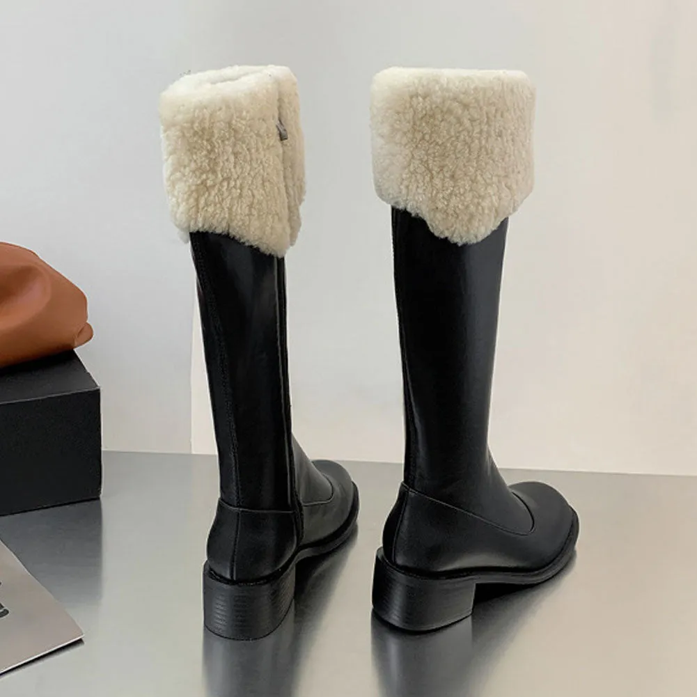 Ladies Round Toe Leather Long Mid Heel Boots Zip Up with Fur Edge
