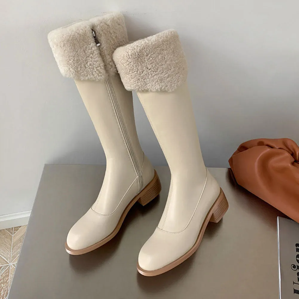 Ladies Round Toe Leather Long Mid Heel Boots Zip Up with Fur Edge