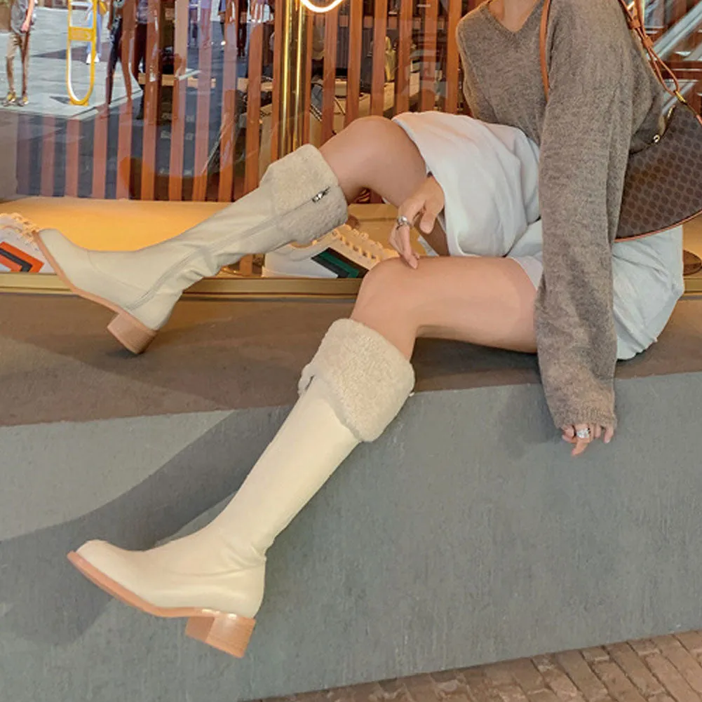 Ladies Round Toe Leather Long Mid Heel Boots Zip Up with Fur Edge