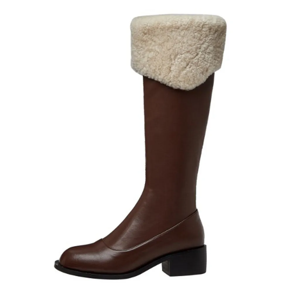 Ladies Round Toe Leather Long Mid Heel Boots Zip Up with Fur Edge