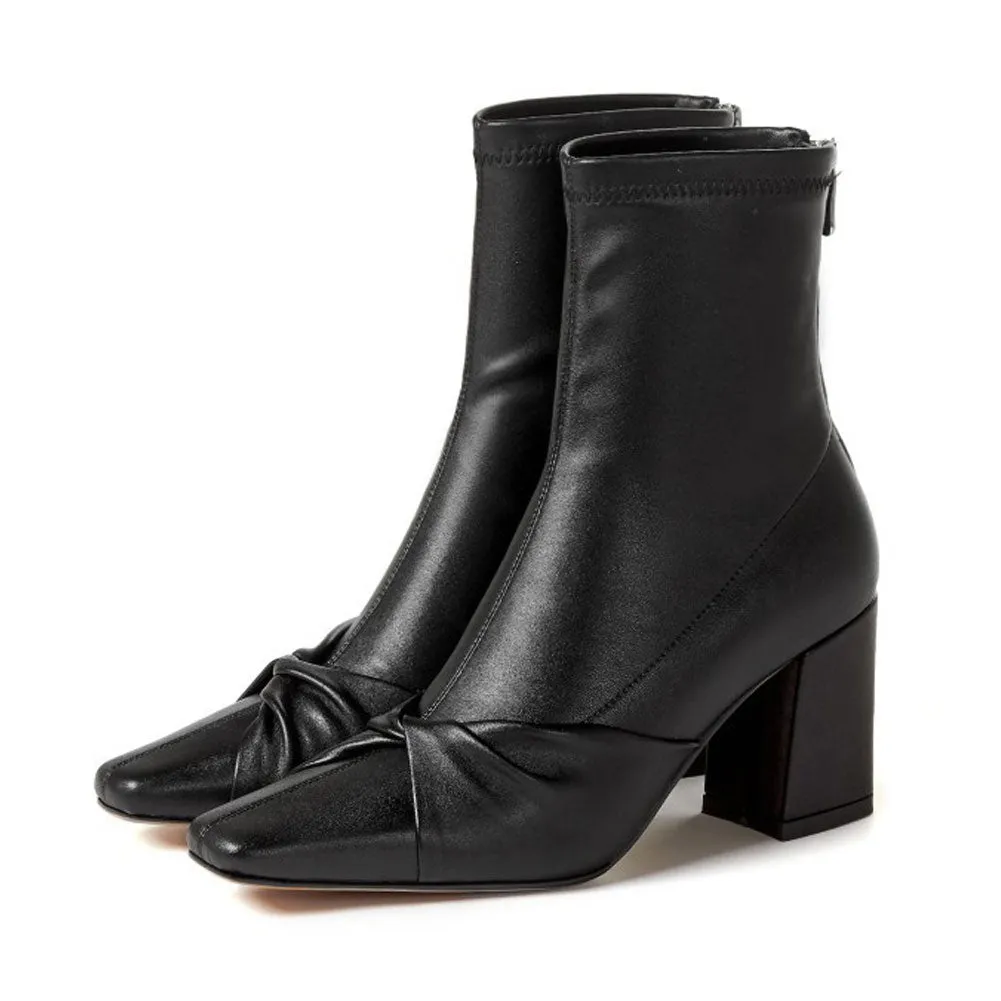 Ladies Square Toe Block Heel Ankle Boots Zip Up