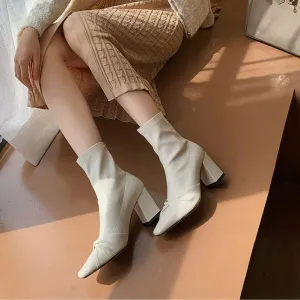 Ladies Square Toe Block Heel Ankle Boots Zip Up