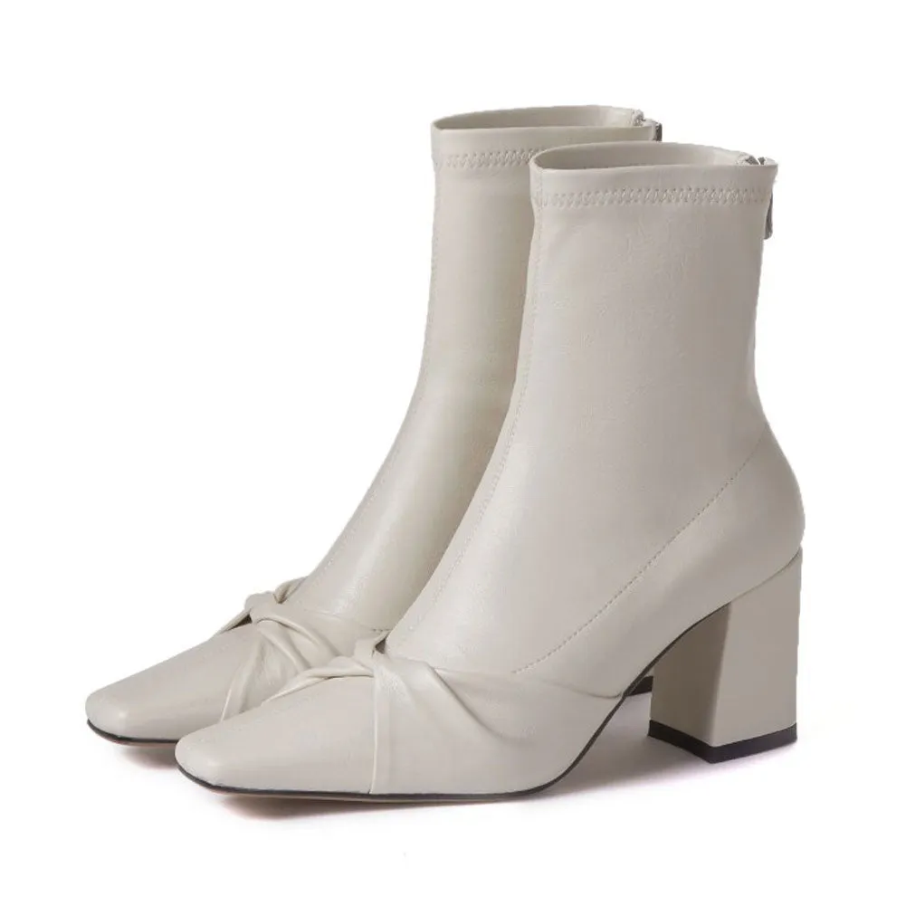 Ladies Square Toe Block Heel Ankle Boots Zip Up