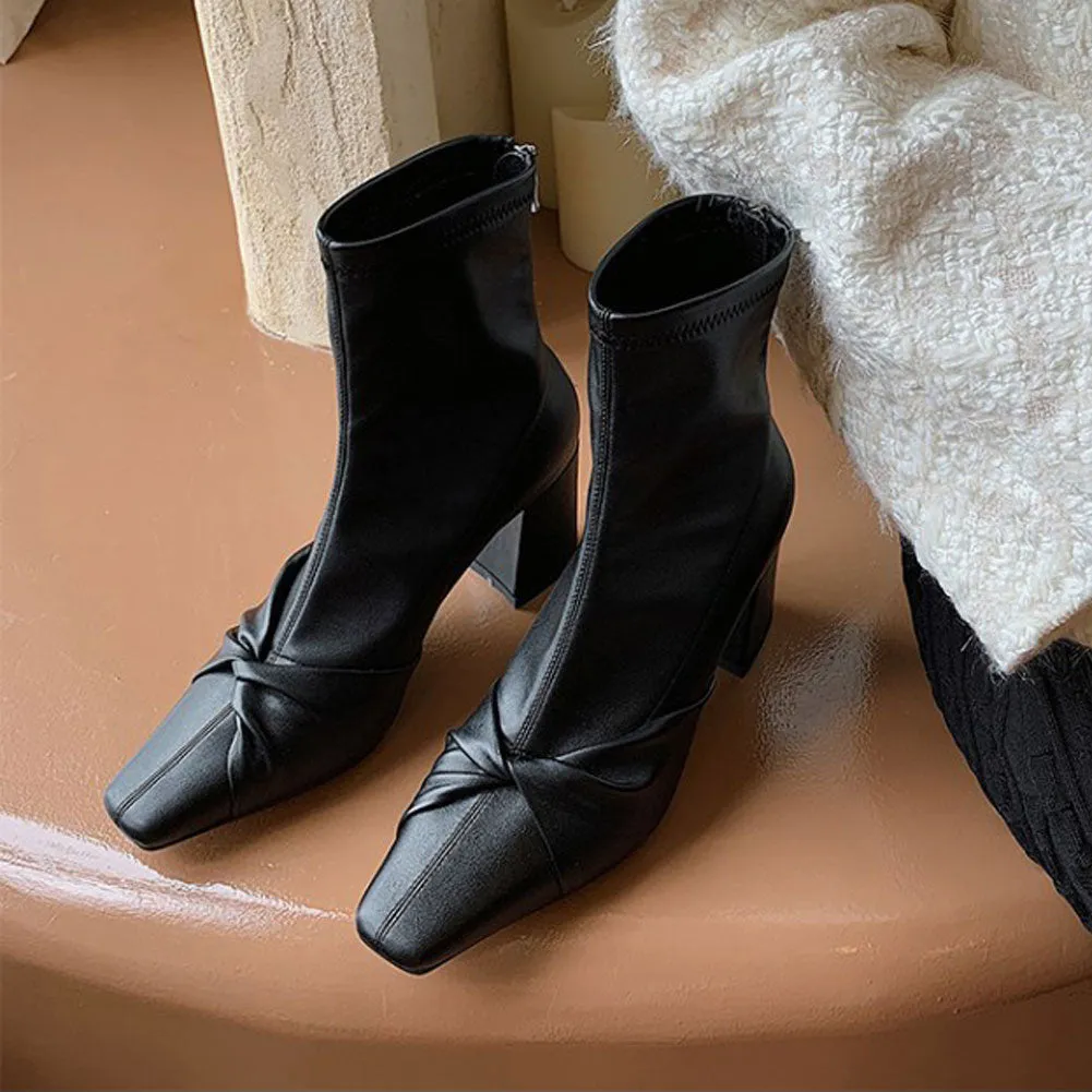 Ladies Square Toe Block Heel Ankle Boots Zip Up