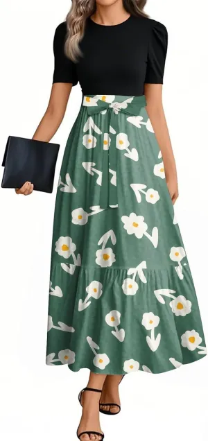 Maxi Flower Print 2025 Dresses, Beach Vacation Women's Jumpsuits Trendy Bow High Waisted Rompers for Women