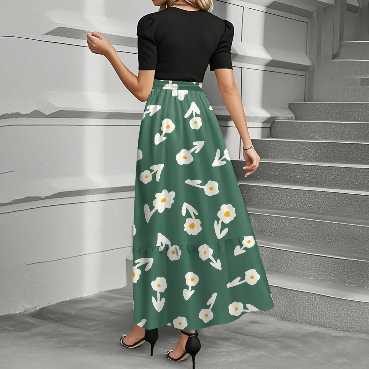 Maxi Flower Print 2025 Dresses, Beach Vacation Women's Jumpsuits Trendy Bow High Waisted Rompers for Women