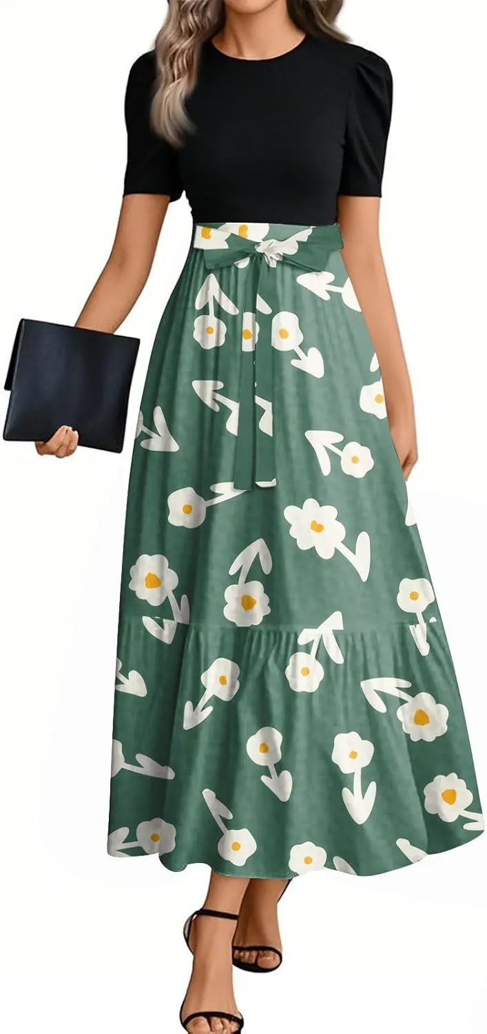 Maxi Flower Print 2025 Dresses, Beach Vacation Women's Jumpsuits Trendy Bow High Waisted Rompers for Women