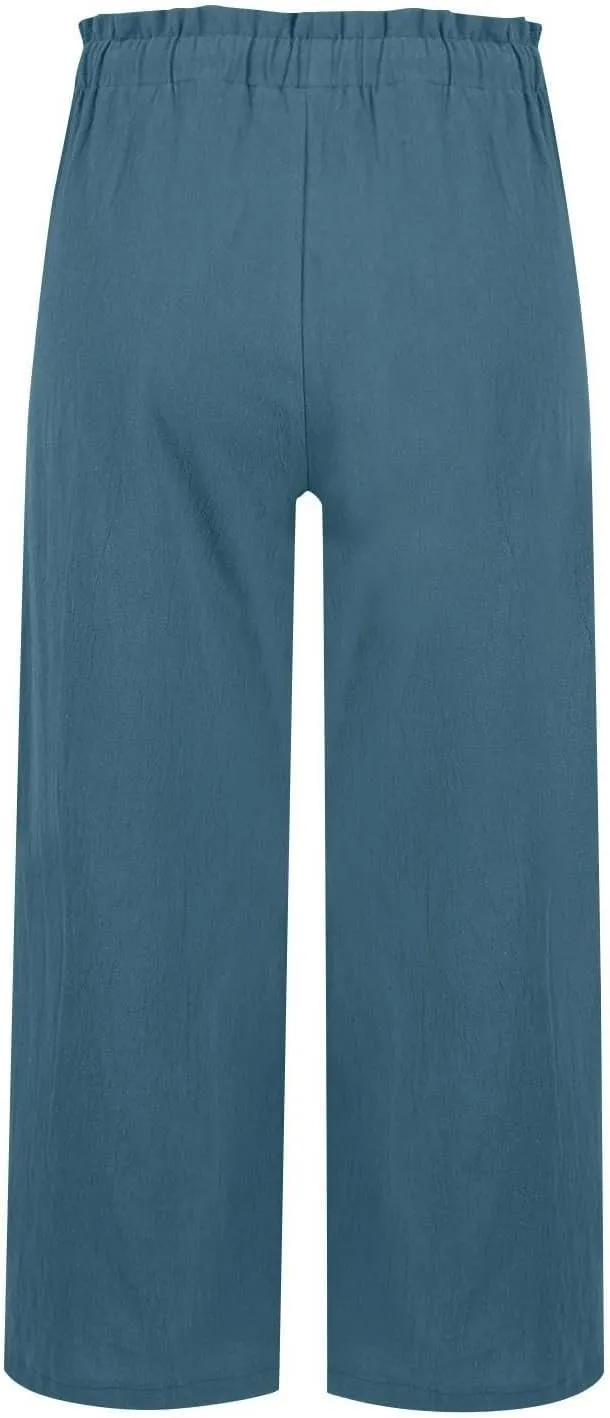 Miyaomn Wide Leg Linen Pants for Women Drawstring Summer Palazzo Flowy Pants Casual Loose High Waisted Trousers with Pockets