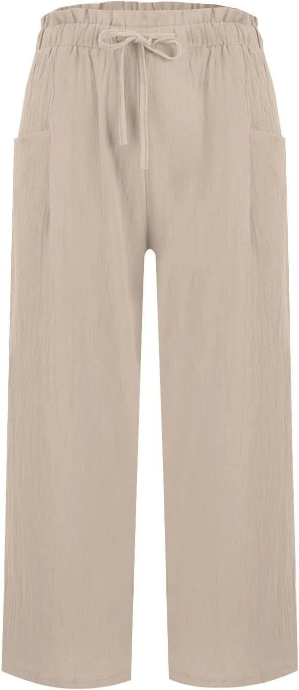 Miyaomn Wide Leg Linen Pants for Women Drawstring Summer Palazzo Flowy Pants Casual Loose High Waisted Trousers with Pockets
