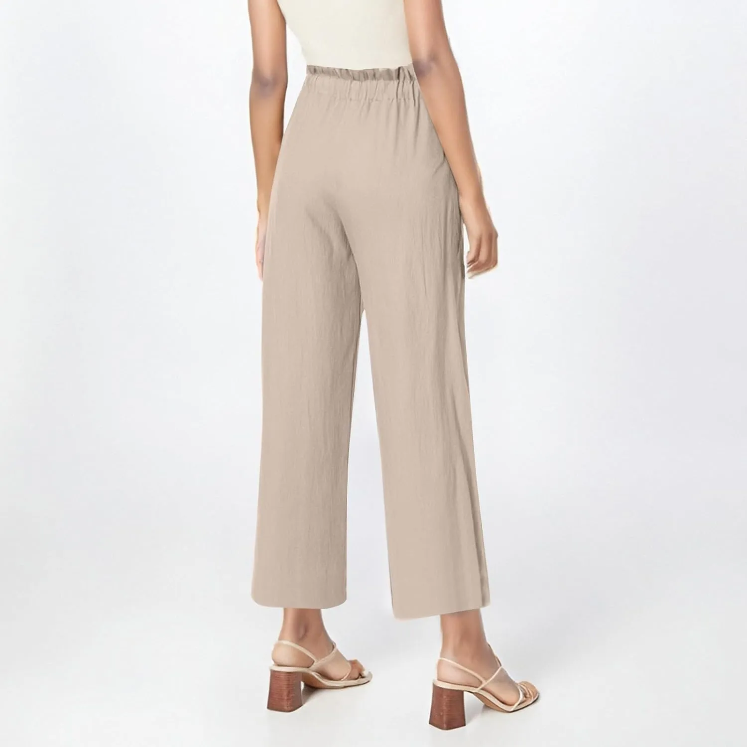 Miyaomn Wide Leg Linen Pants for Women Drawstring Summer Palazzo Flowy Pants Casual Loose High Waisted Trousers with Pockets