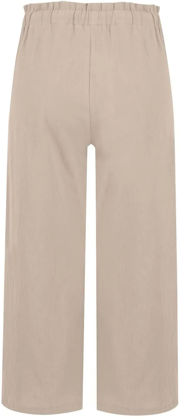 Miyaomn Wide Leg Linen Pants for Women Drawstring Summer Palazzo Flowy Pants Casual Loose High Waisted Trousers with Pockets